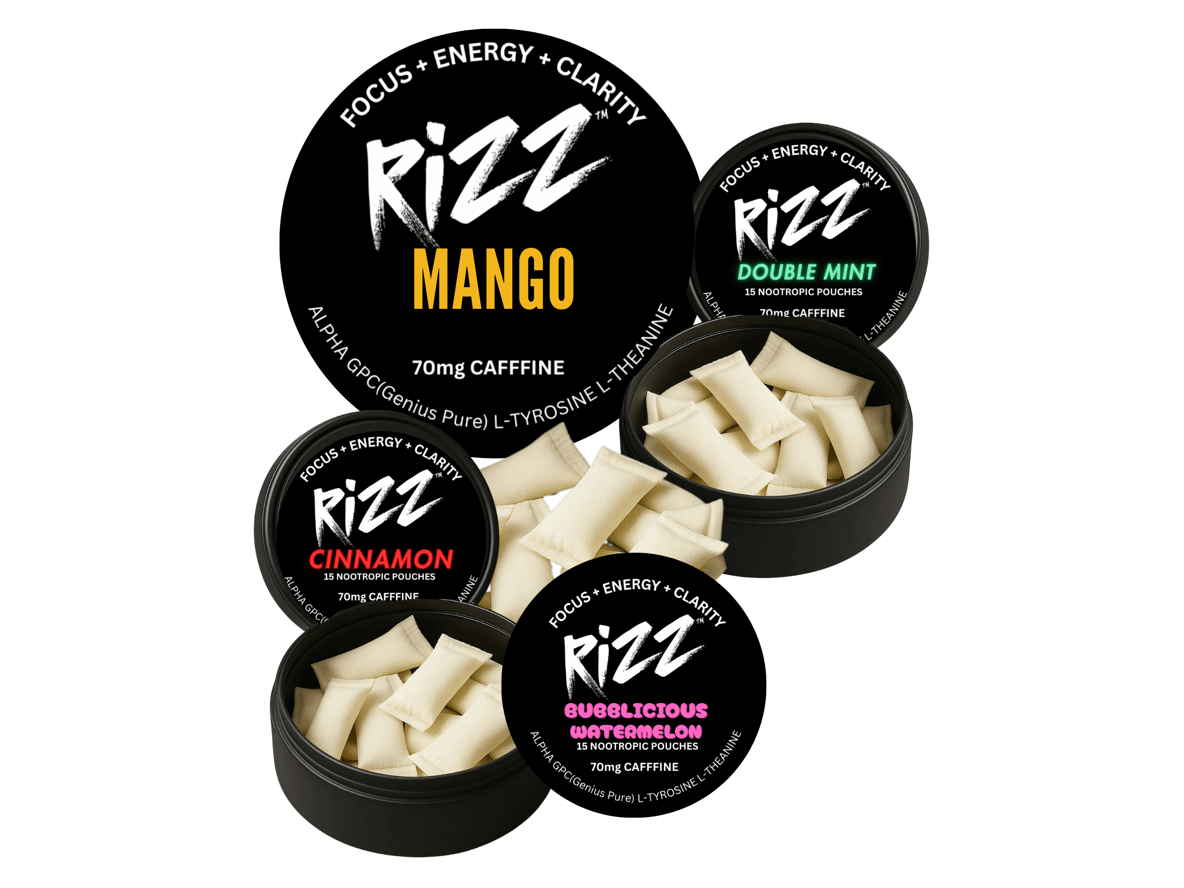 Lock in and unlock your potential nootropic pouches mint, mango, bubalicious watermelon, cinnamon. Alpha GPC